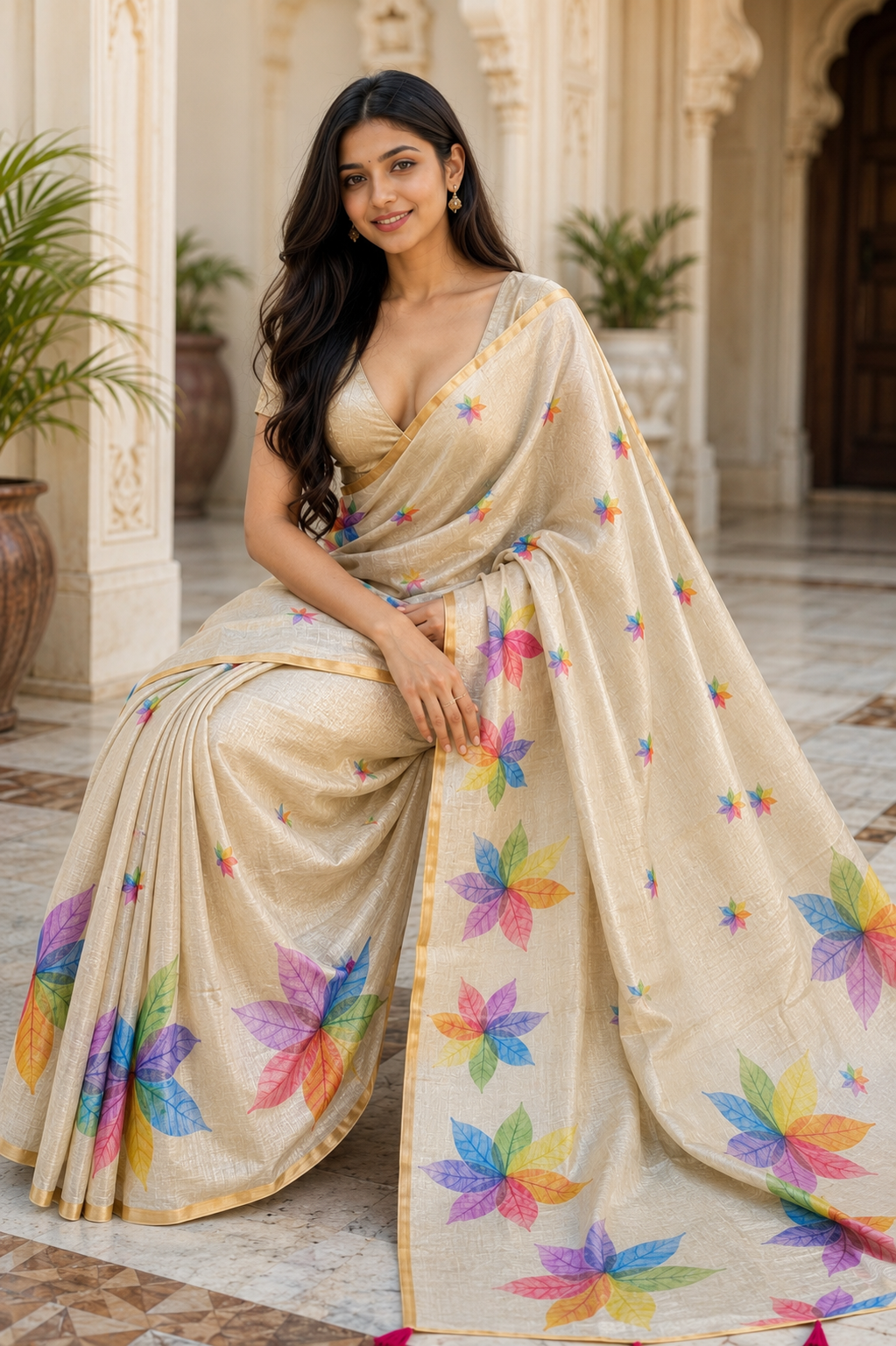 Ivory Floral Printed Saree with Gold Border | Multicolor Ethnic Saree