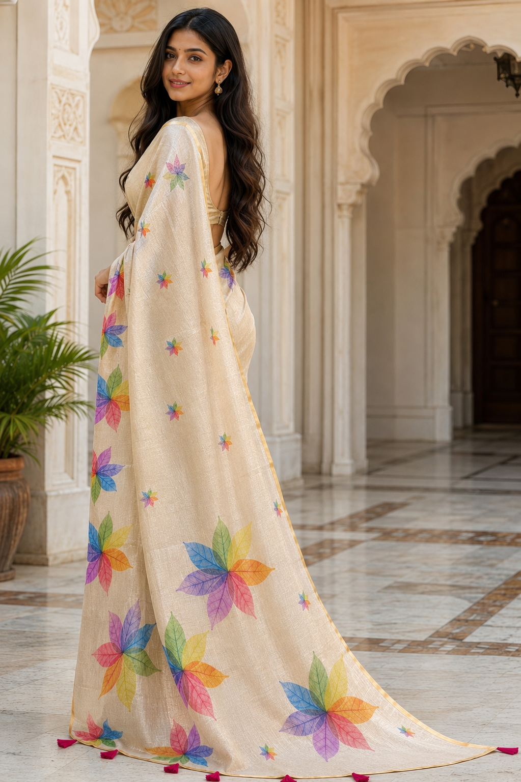 Ivory Floral Printed Saree with Gold Border | Multicolor Ethnic Saree
