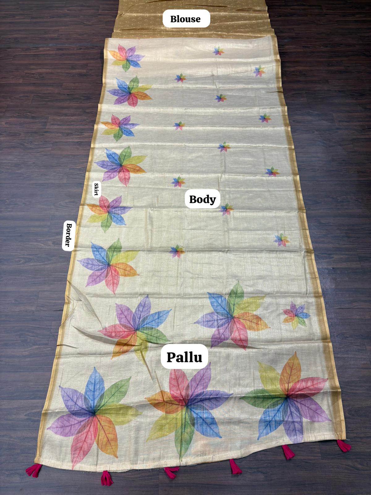 Ivory Floral Printed Saree with Gold Border | Multicolor Ethnic Saree