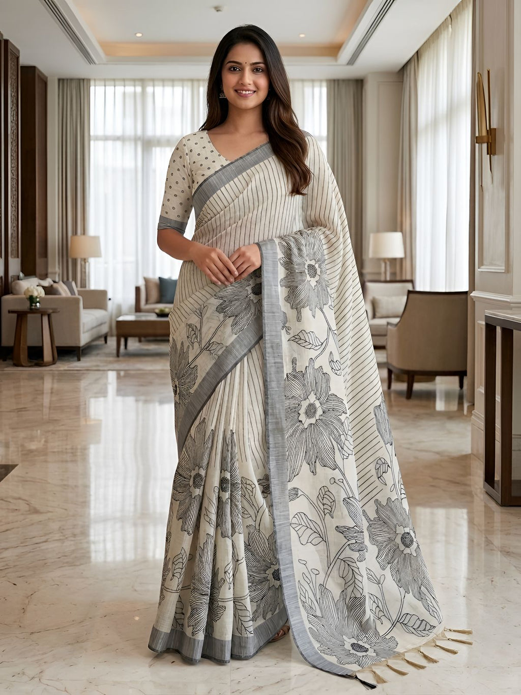 Ivory White & Grey Floral Heritage Woven Saree with Elegant Designer Pallu