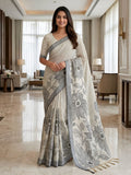 Ivory White & Grey Floral Heritage Woven Saree with Elegant Designer Pallu