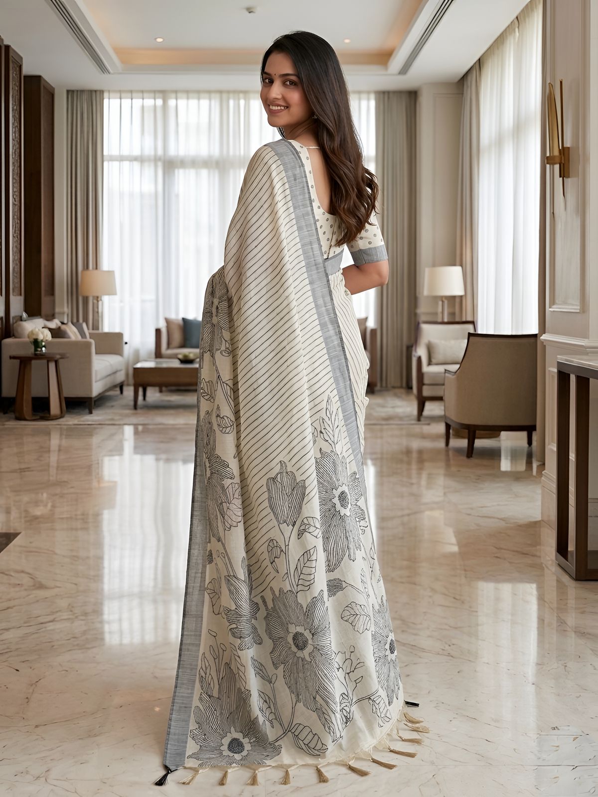Ivory White & Grey Floral Heritage Woven Saree with Elegant Designer Pallu