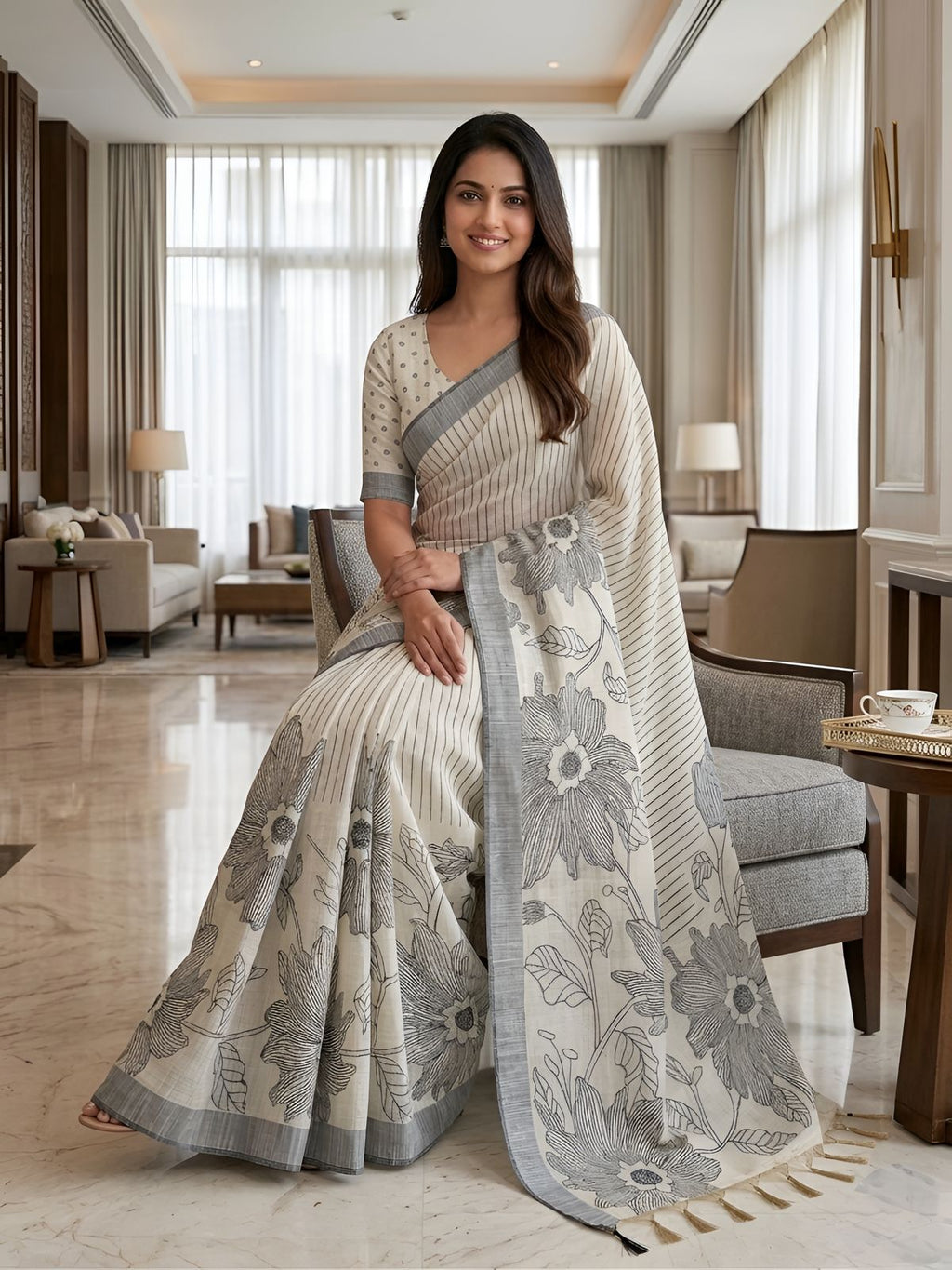 Ivory White & Grey Floral Heritage Woven Saree with Elegant Designer Pallu