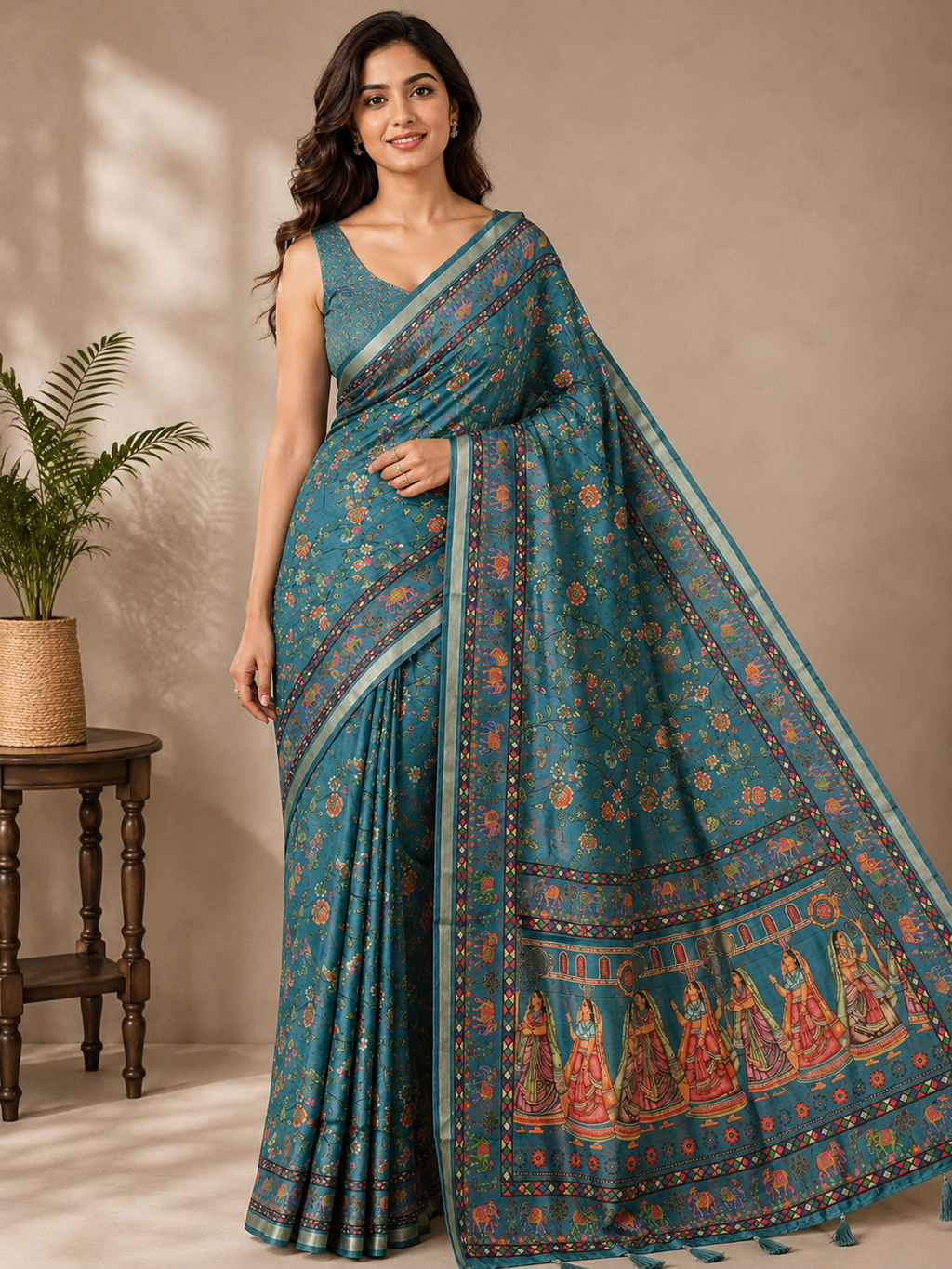 Blue Printed Linen Blend Saree for Women | Traditional Ethnic Printed Saree