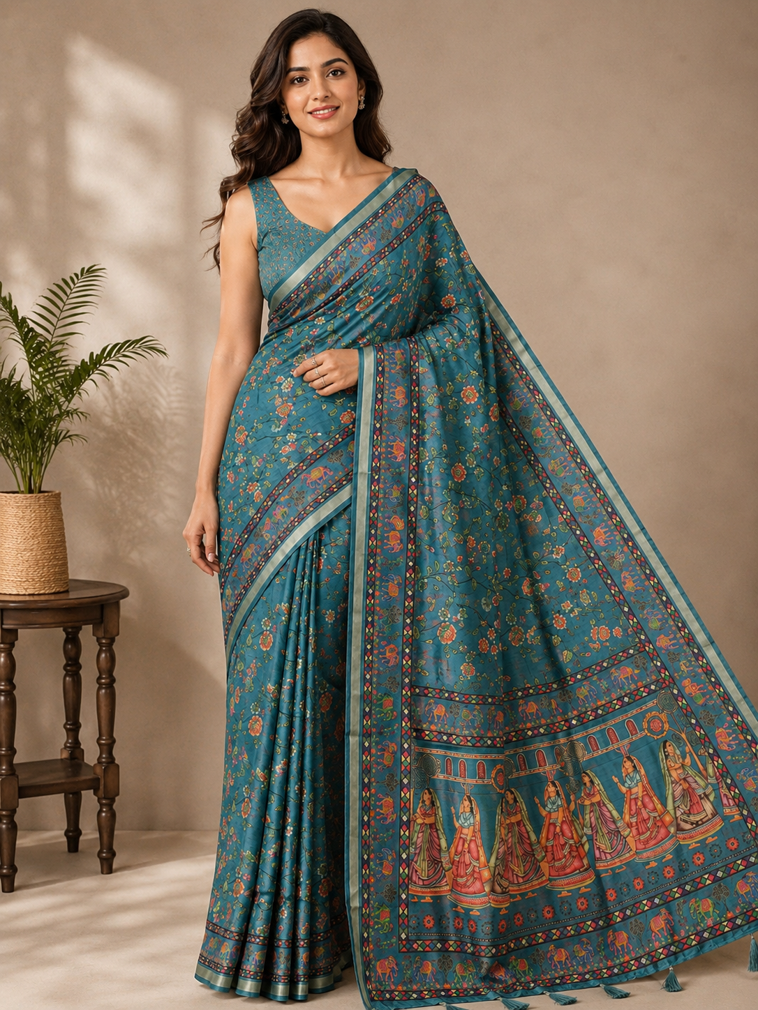 Blue Printed Linen Blend Saree for Women | Traditional Ethnic Printed Saree