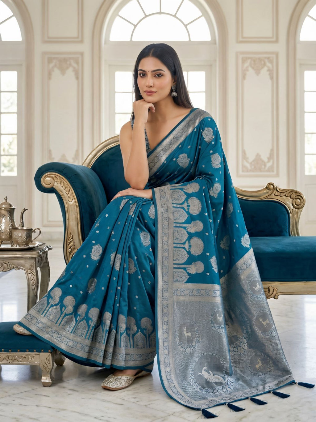 Teal Blue Silver Zari Woven Traditional Banarasi Style Saree with Designer Pallu