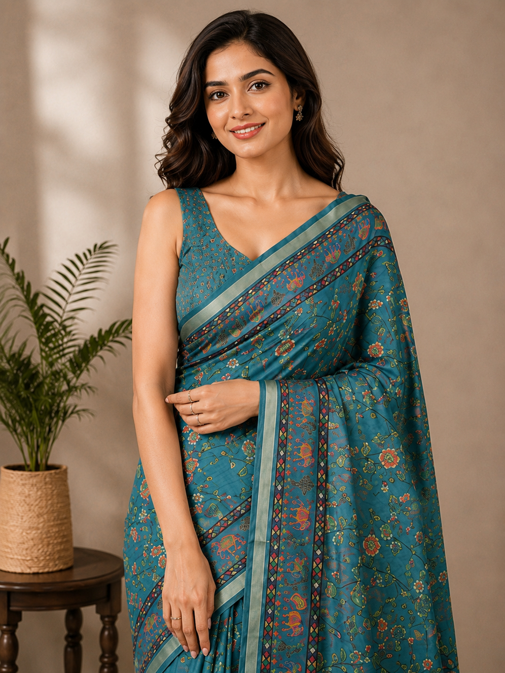 Blue Printed Linen Blend Saree for Women | Traditional Ethnic Printed Saree