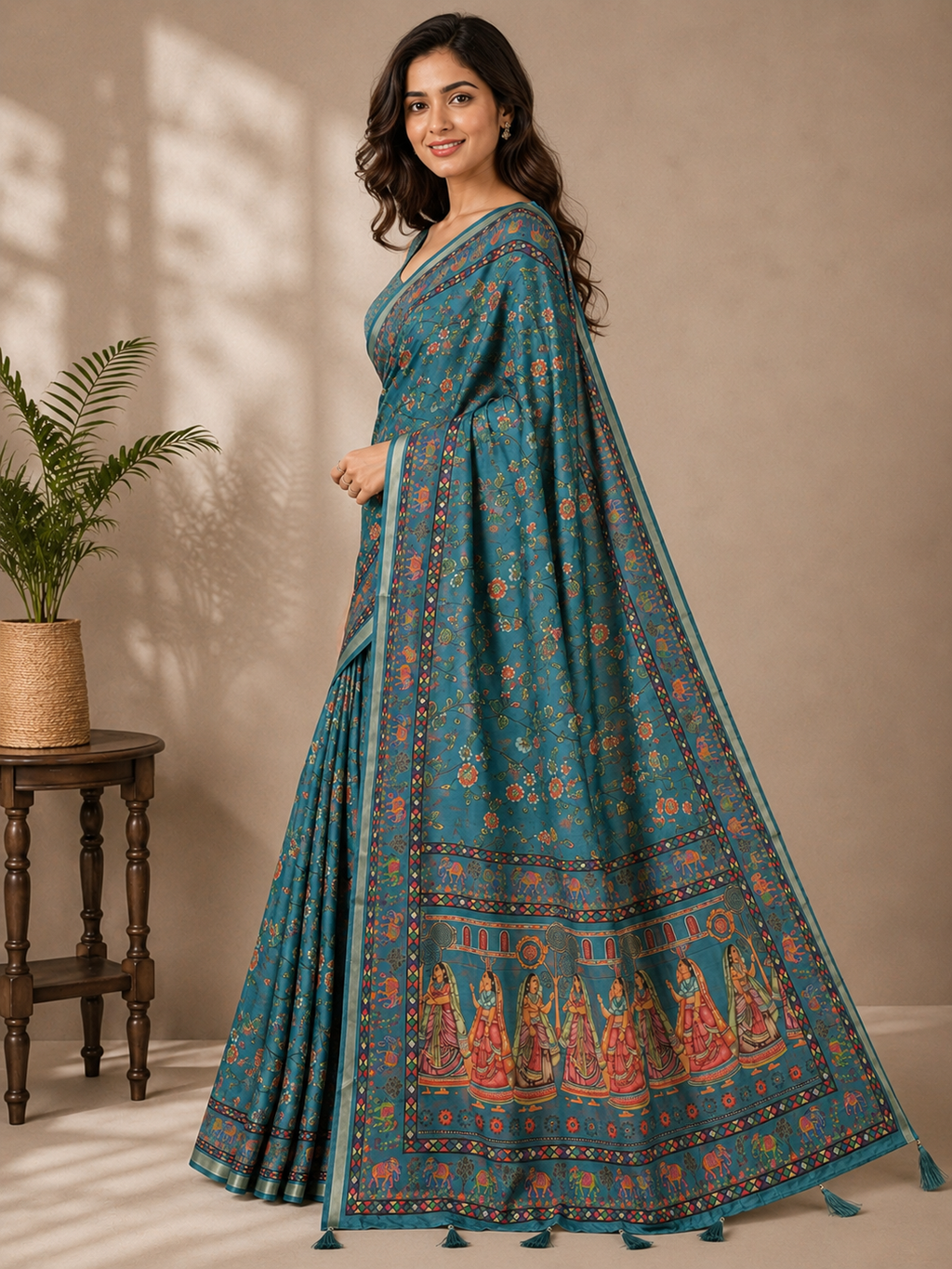 Blue Printed Linen Blend Saree for Women | Traditional Ethnic Printed Saree