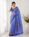 Aadatein Blue Linen Blend Floral Printed Saree | Soft Lightweight Party Wear Saree for Women