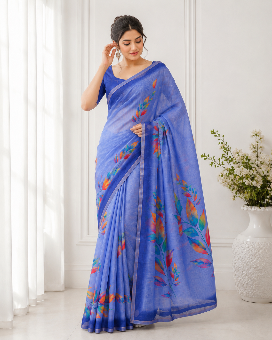 Aadatein Blue Linen Blend Floral Printed Saree | Soft Lightweight Party Wear Saree for Women