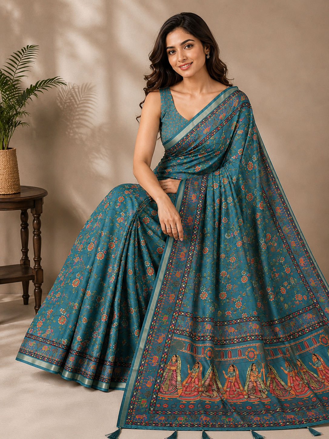 Blue Printed Linen Blend Saree for Women | Traditional Ethnic Printed Saree