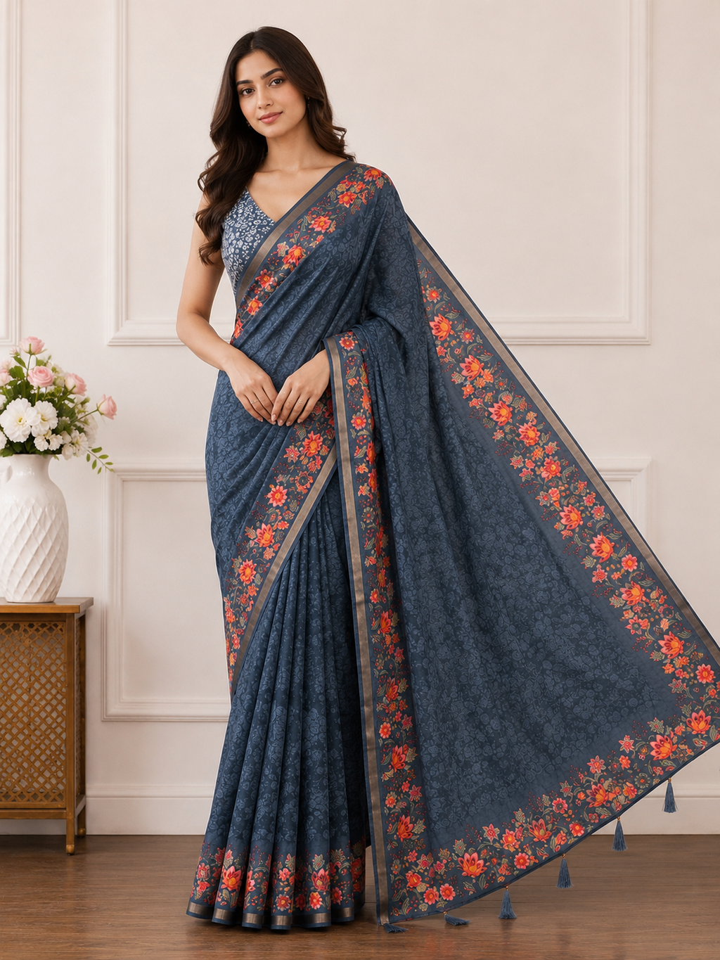Green Floral Printed Linen Saree for Women | Lightweight Casual & Party Wear Saree (Copy)