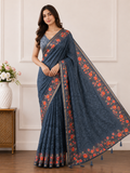 Green Floral Printed Linen Saree for Women | Lightweight Casual & Party Wear Saree (Copy)