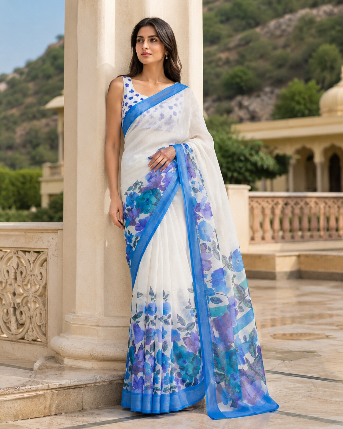 Blue Floral Organza Saree with Designer Border & Matching Blouse