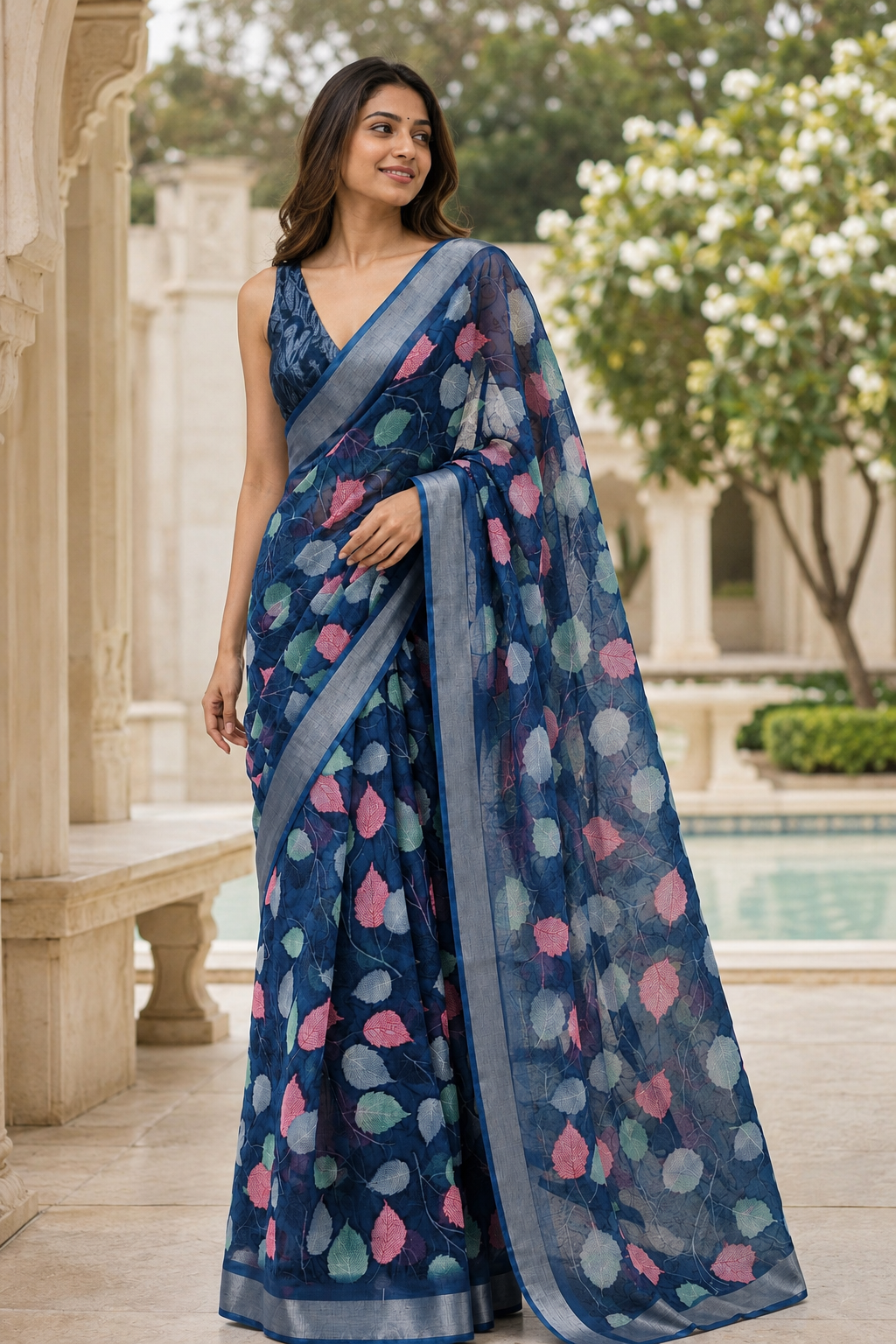 Midnight Blue Leaf Print Organza Saree with Designer Border