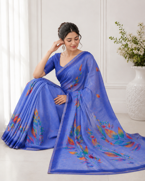 Aadatein Blue Linen Blend Floral Printed Saree | Soft Lightweight Party Wear Saree for Women
