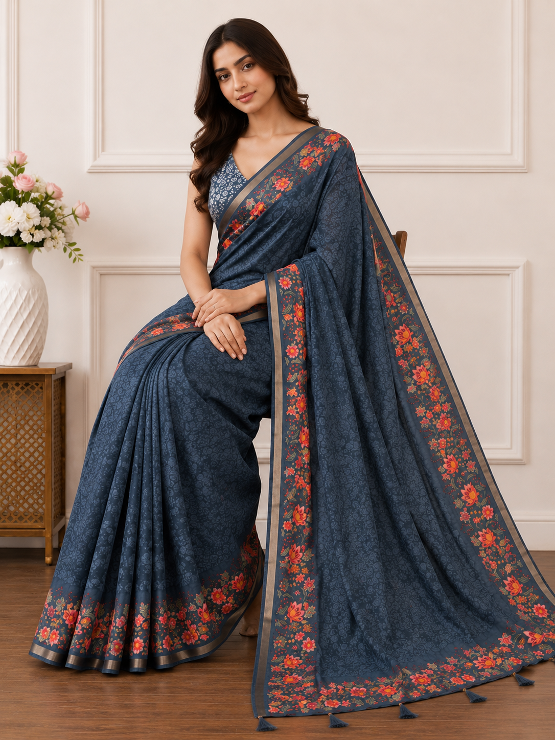 Green Floral Printed Linen Saree for Women | Lightweight Casual & Party Wear Saree (Copy)