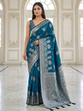 Teal Blue Silver Zari Woven Traditional Banarasi Style Saree with Designer Pallu