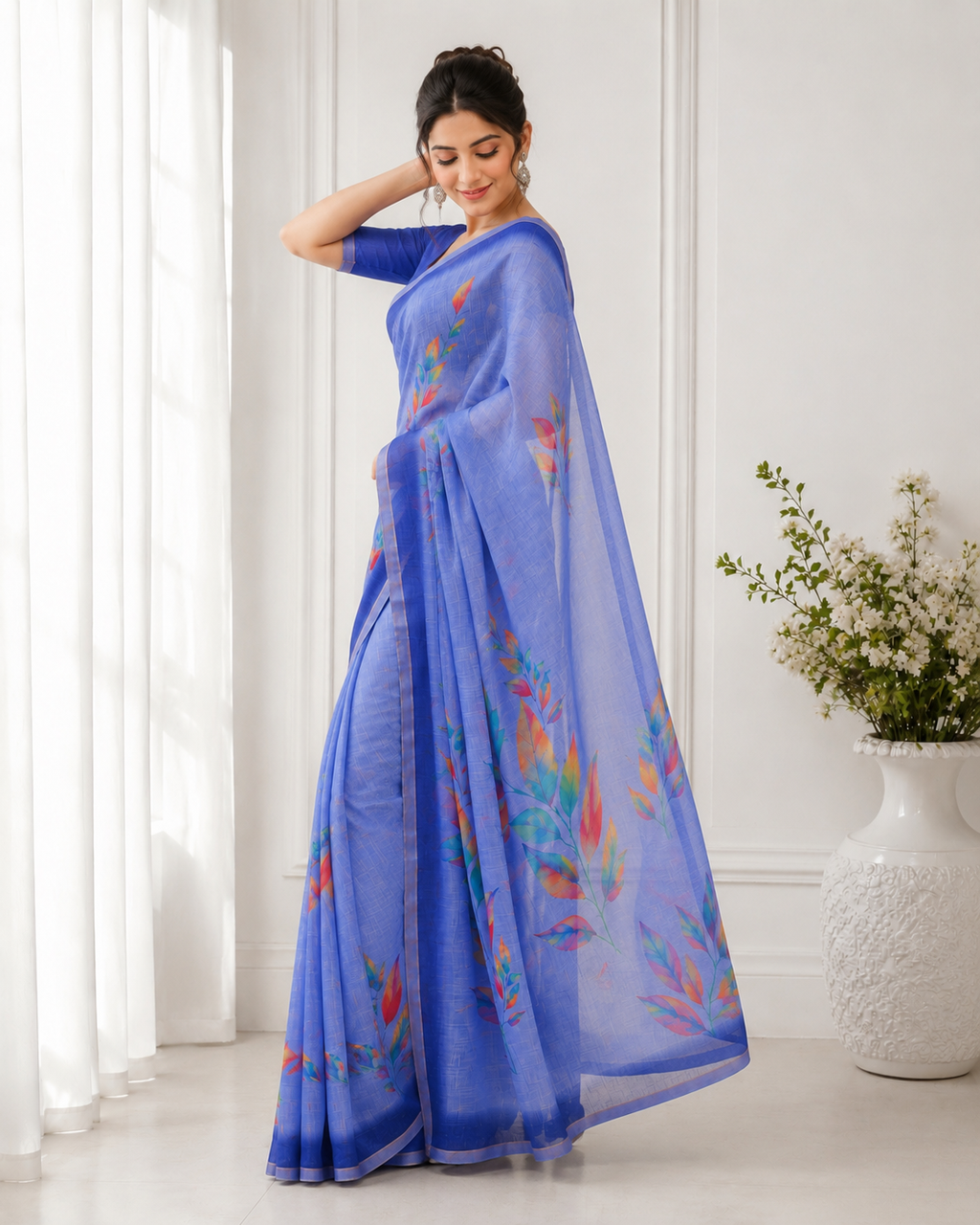 Aadatein Blue Linen Blend Floral Printed Saree | Soft Lightweight Party Wear Saree for Women