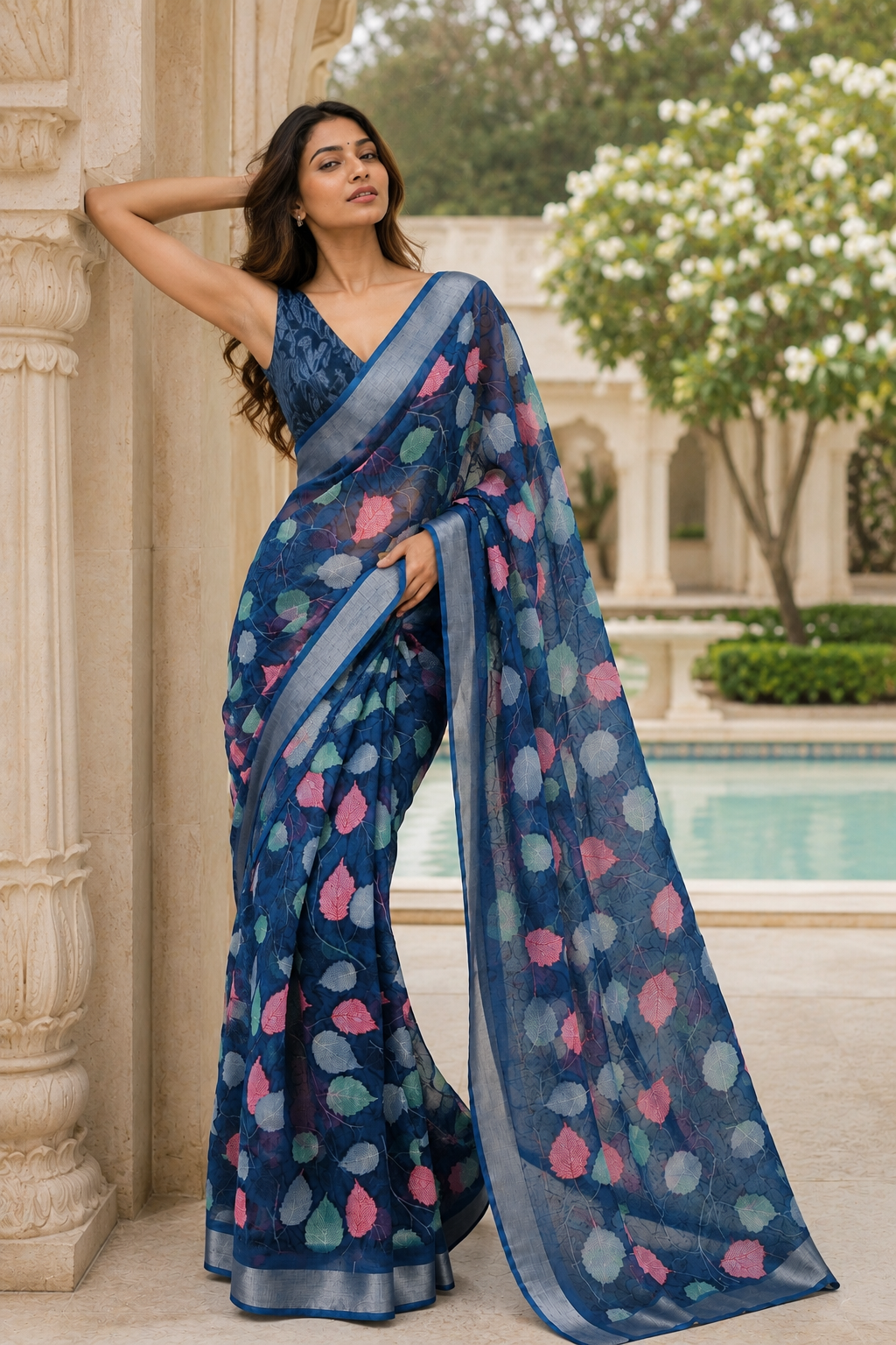 Midnight Blue Leaf Print Organza Saree with Designer Border