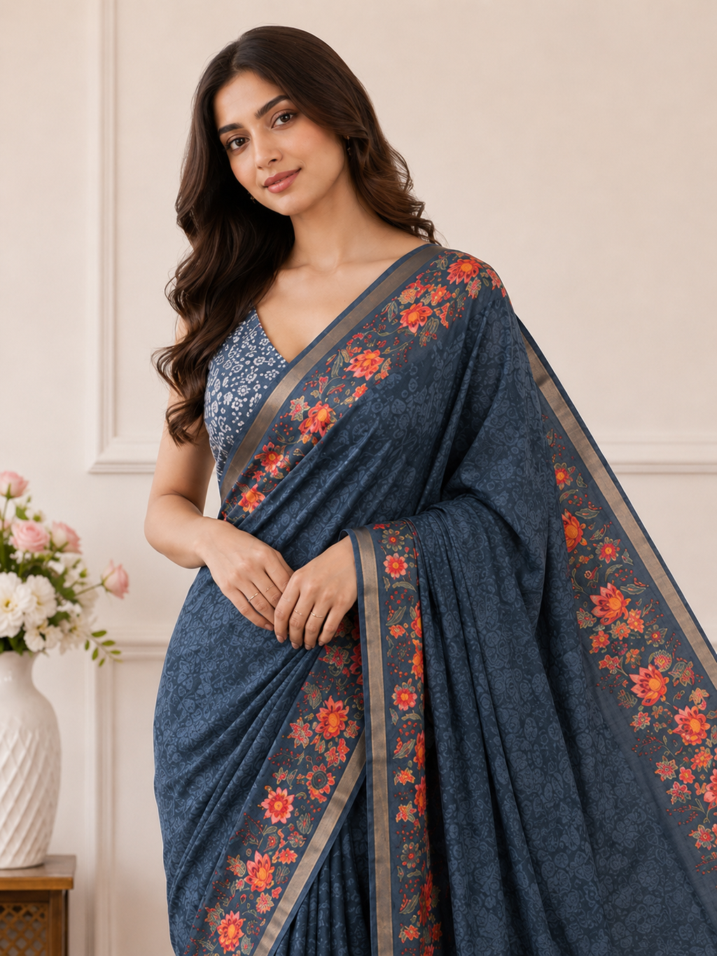 Green Floral Printed Linen Saree for Women | Lightweight Casual & Party Wear Saree (Copy)