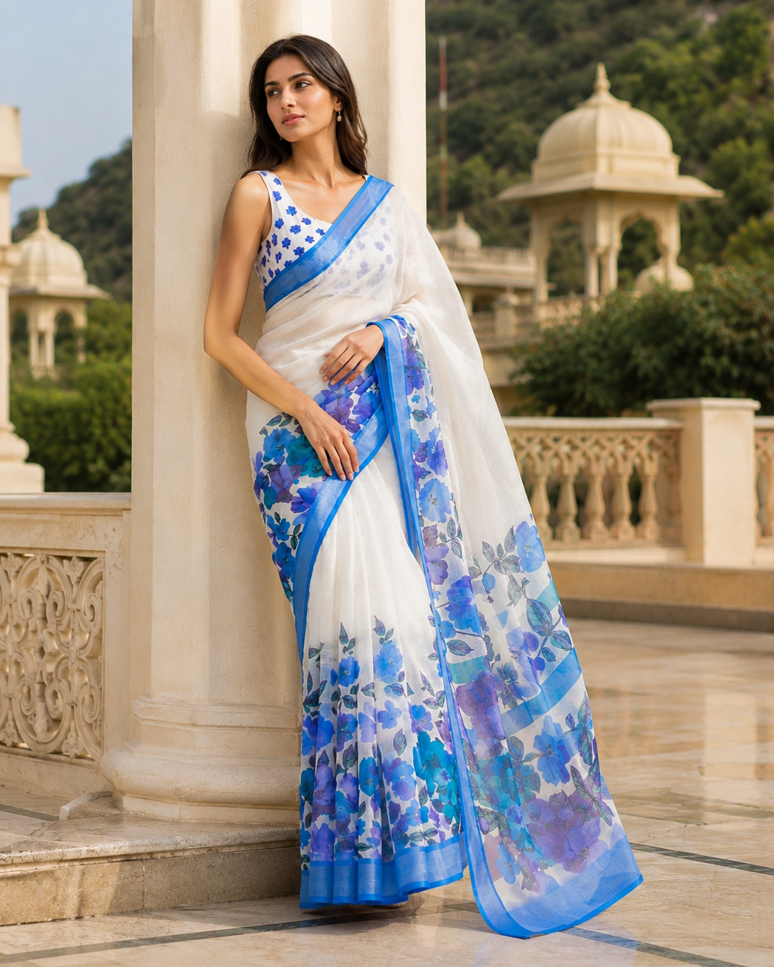 Blue Floral Organza Saree with Designer Border & Matching Blouse