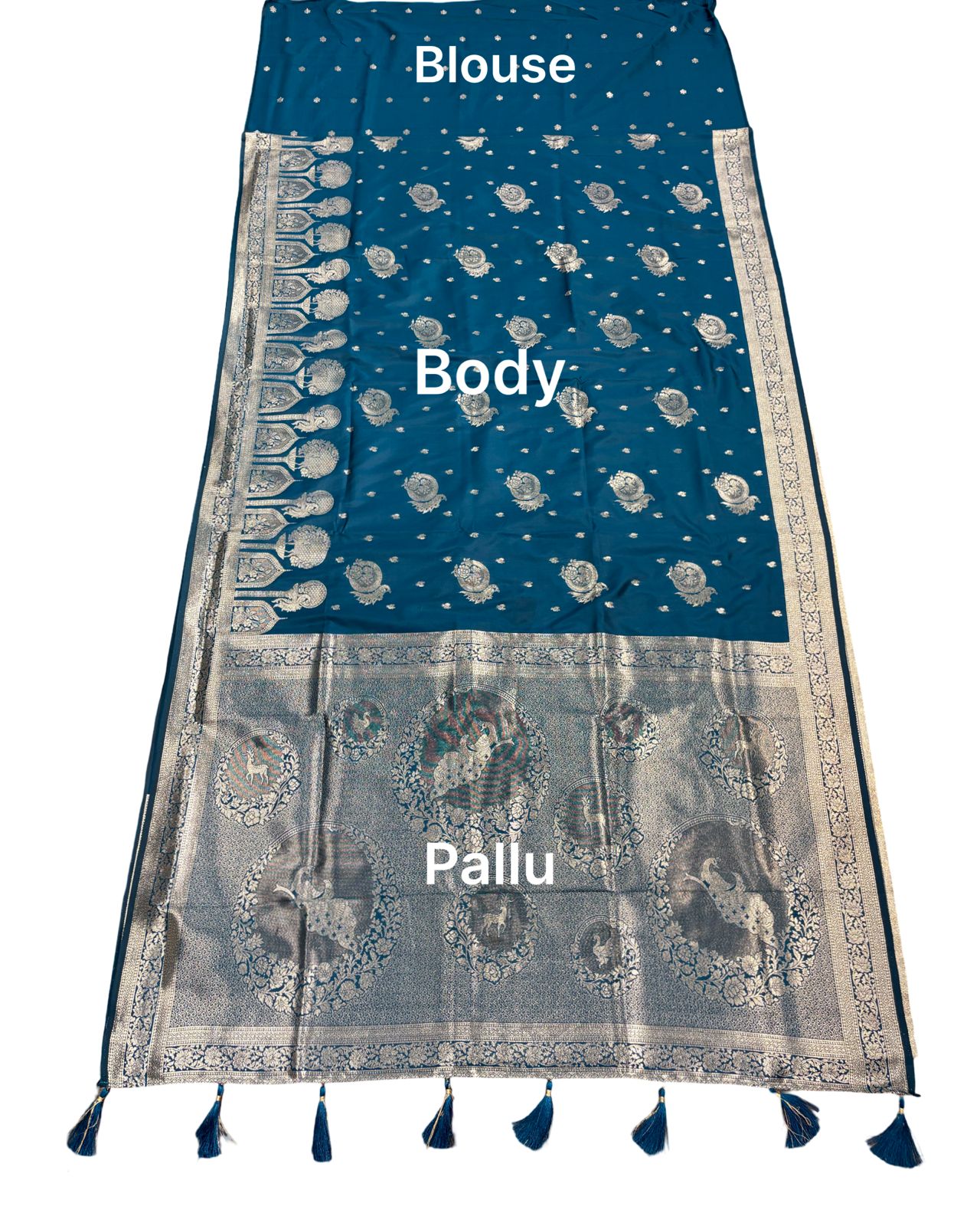 Teal Blue Silver Zari Woven Traditional Banarasi Style Saree with Designer Pallu