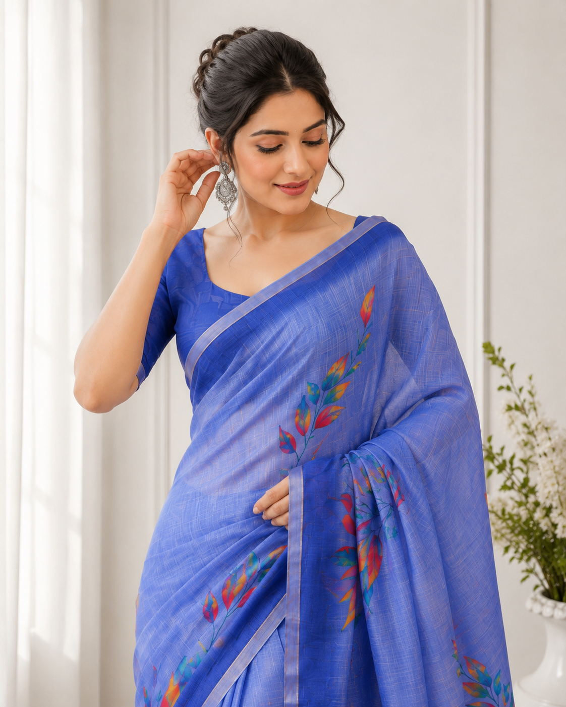 Aadatein Blue Linen Blend Floral Printed Saree | Soft Lightweight Party Wear Saree for Women