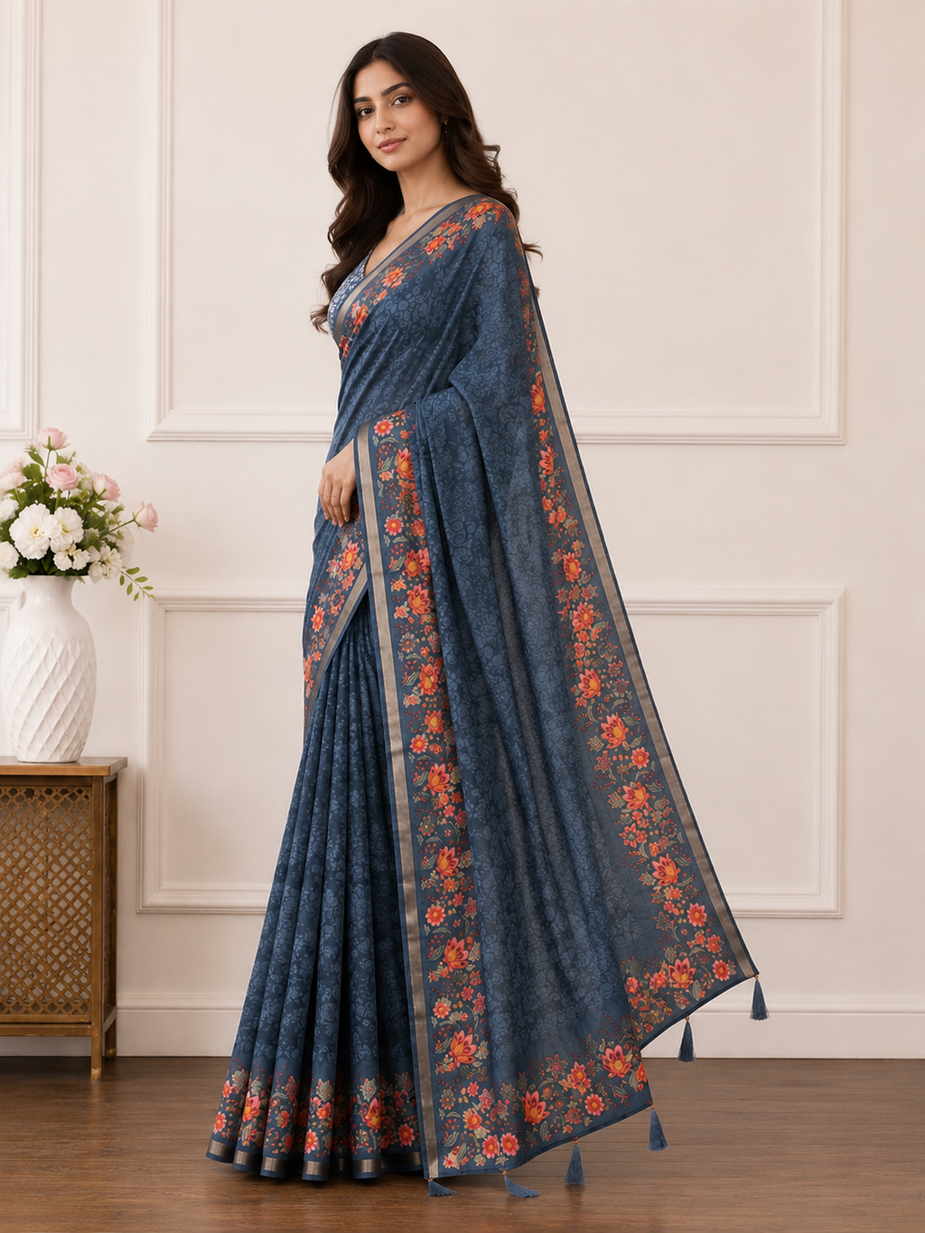 Green Floral Printed Linen Saree for Women | Lightweight Casual & Party Wear Saree (Copy)