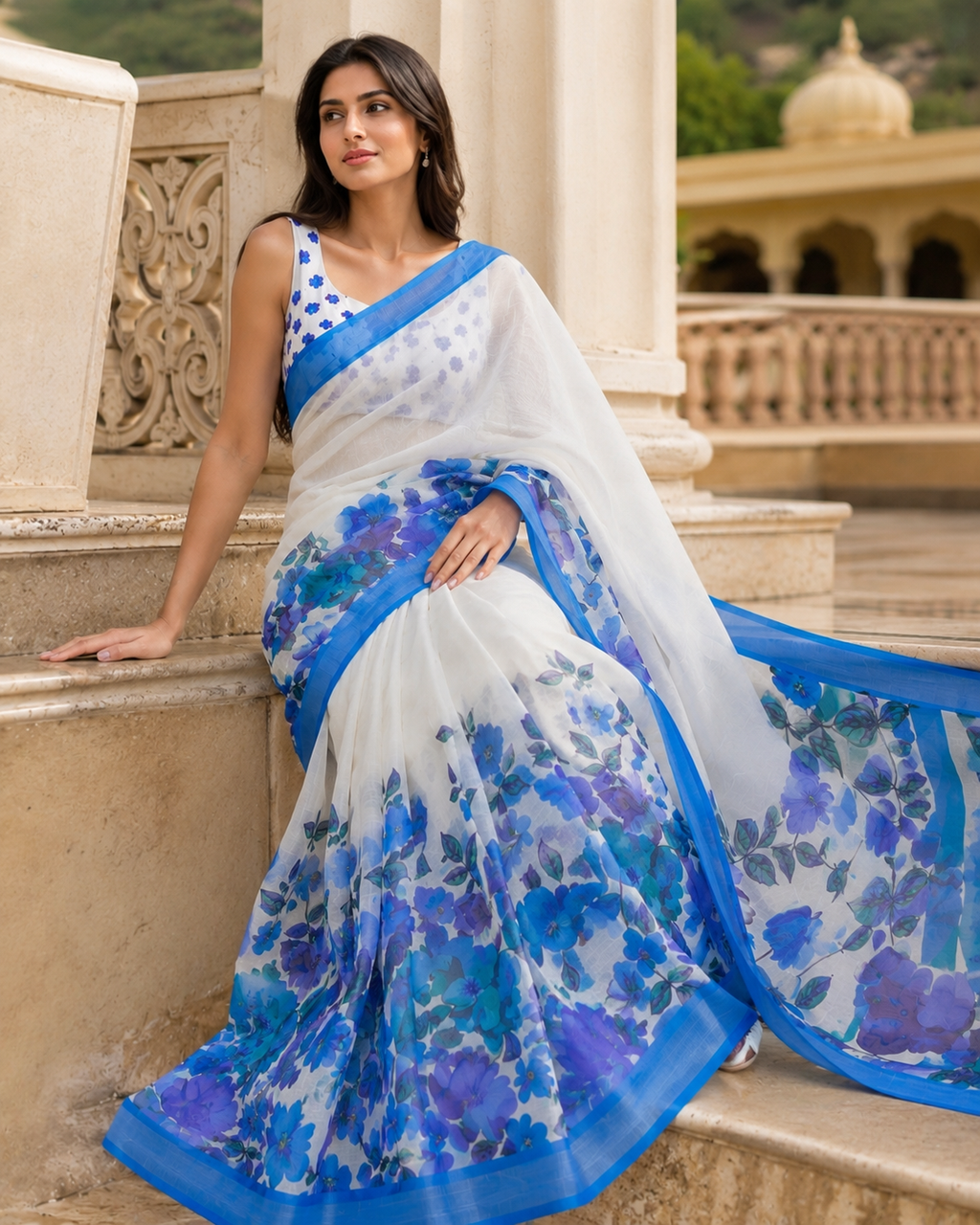Blue Floral Organza Saree with Designer Border & Matching Blouse