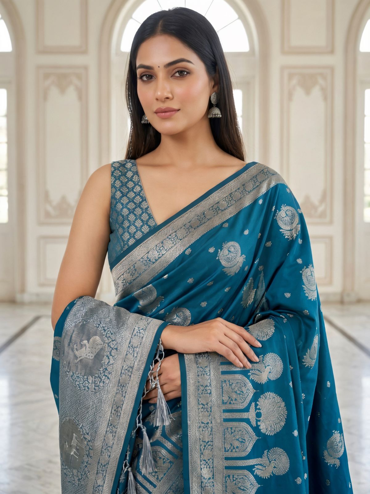 Teal Blue Silver Zari Woven Traditional Banarasi Style Saree with Designer Pallu