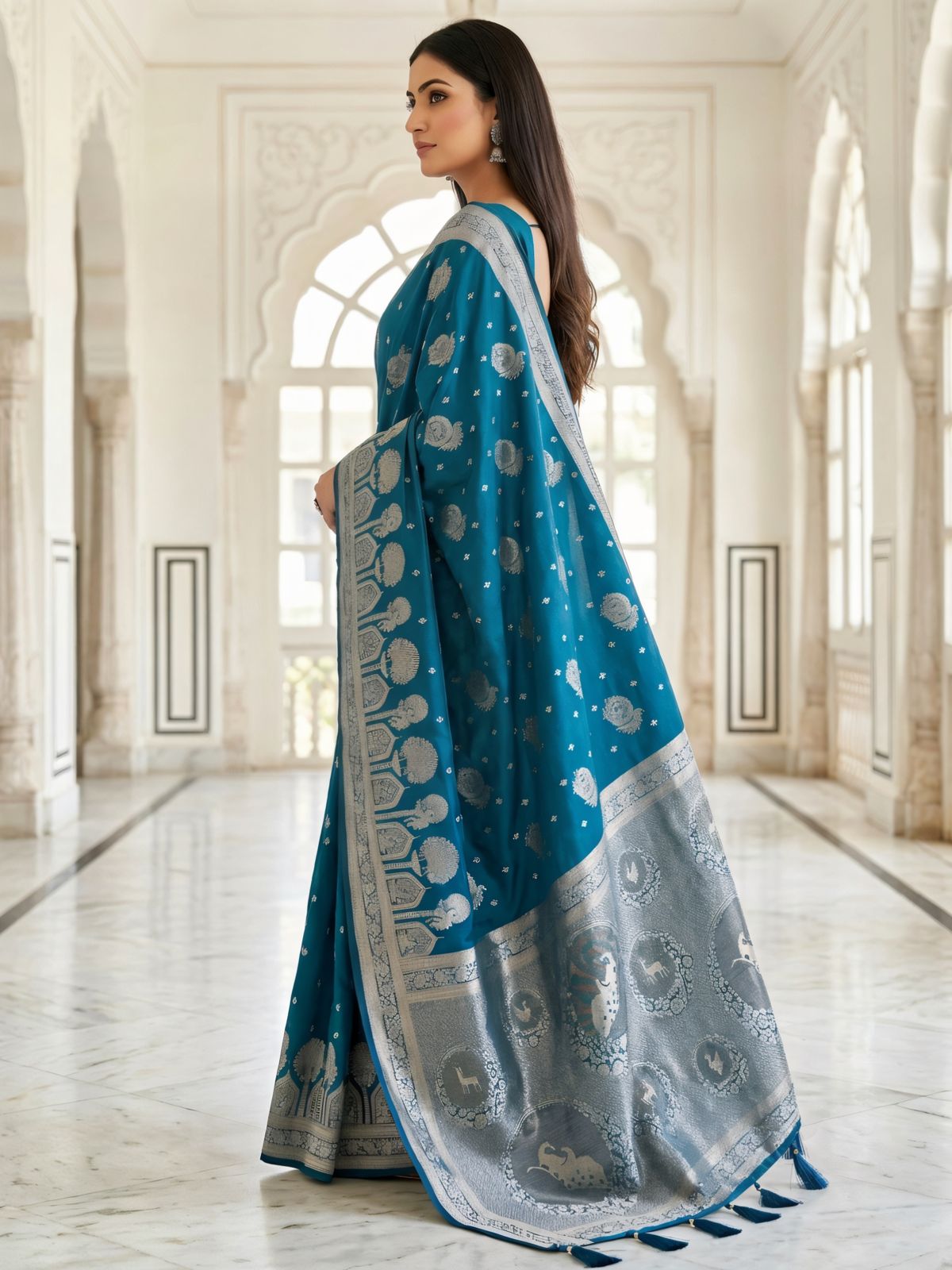 Teal Blue Silver Zari Woven Traditional Banarasi Style Saree with Designer Pallu