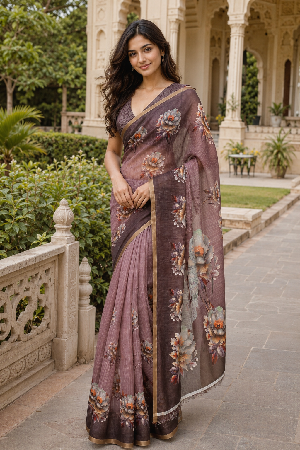 Coffee Brown Linen Printed Saree with Floral Design | Lightweight Casual & Party Wear Saree