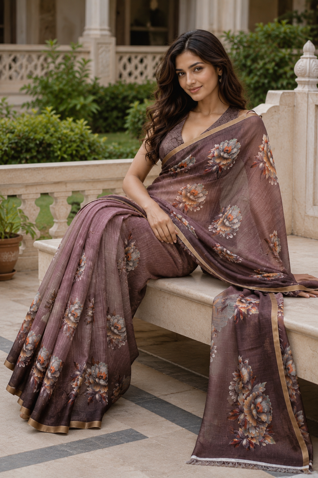 Coffee Brown Linen Printed Saree with Floral Design | Lightweight Casual & Party Wear Saree