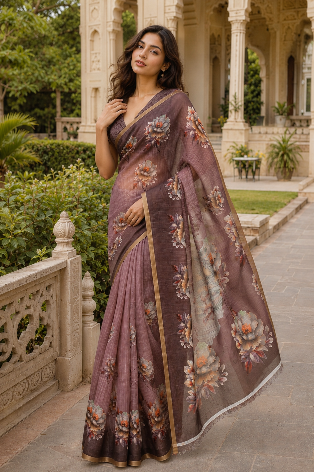 Coffee Brown Linen Printed Saree with Floral Design | Lightweight Casual & Party Wear Saree