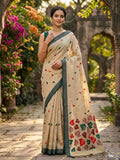 Elegant Beige Cotton Saree with Multicolor Leaf Motif Pallu & Green Border