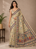 Cream Printed Linen Blend Saree for Women | Traditional Ethnic Saree