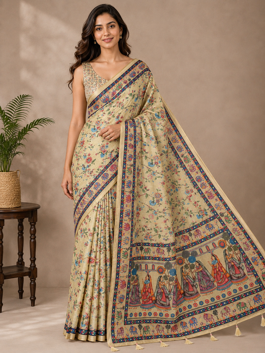 Cream Printed Linen Blend Saree for Women | Traditional Ethnic Saree
