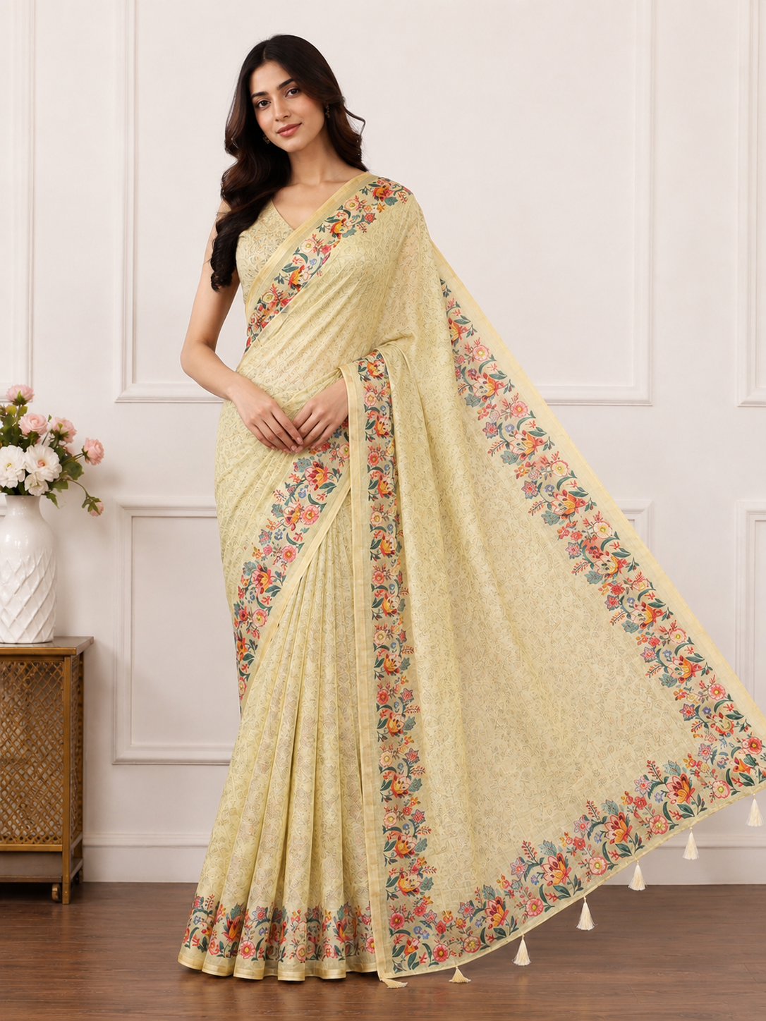 Cream Floral Border Linen Blend Saree for Women | Elegant Traditional Saree