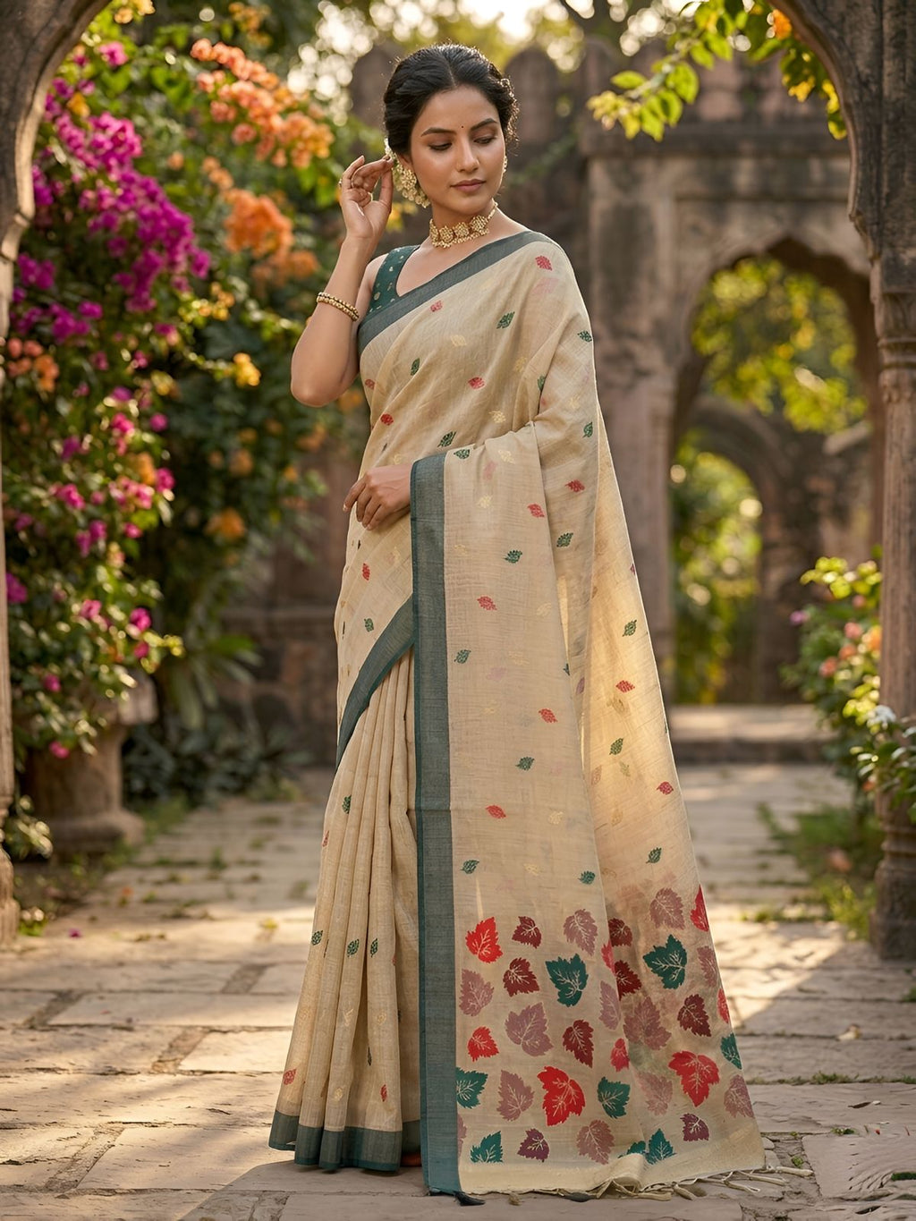 Elegant Beige Cotton Saree with Multicolor Leaf Motif Pallu & Green Border