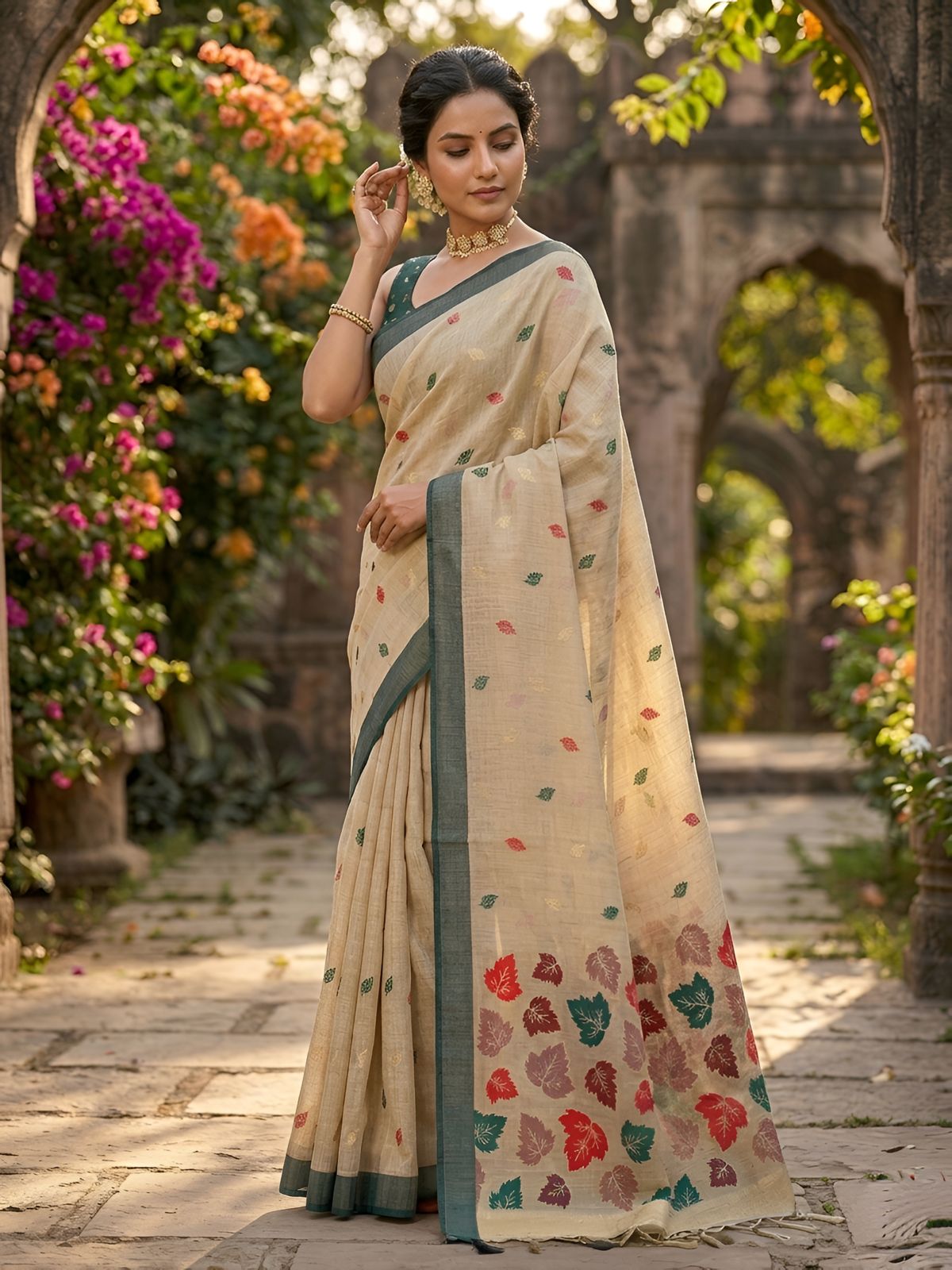 Elegant Beige Cotton Saree with Multicolor Leaf Motif Pallu & Green Border