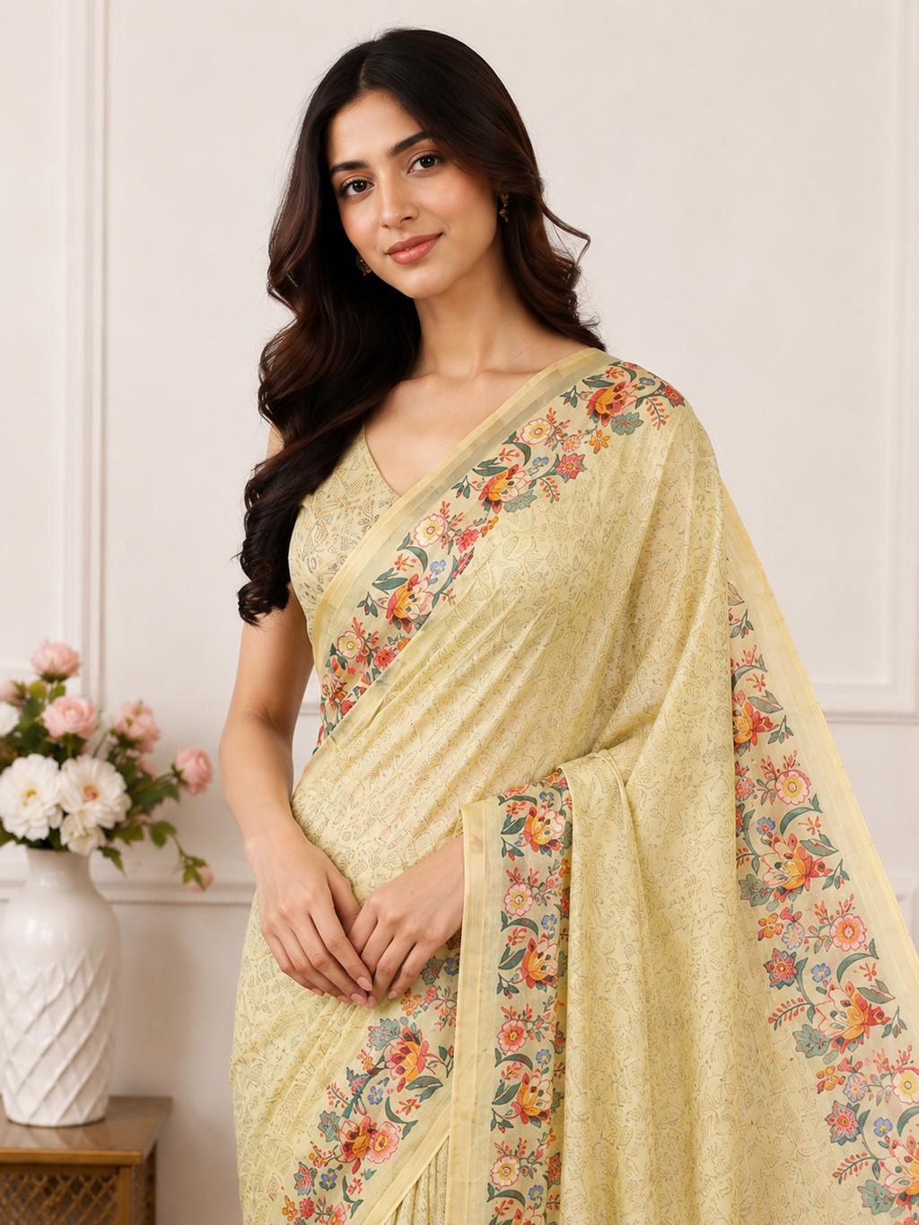 Cream Floral Border Linen Blend Saree for Women | Elegant Traditional Saree