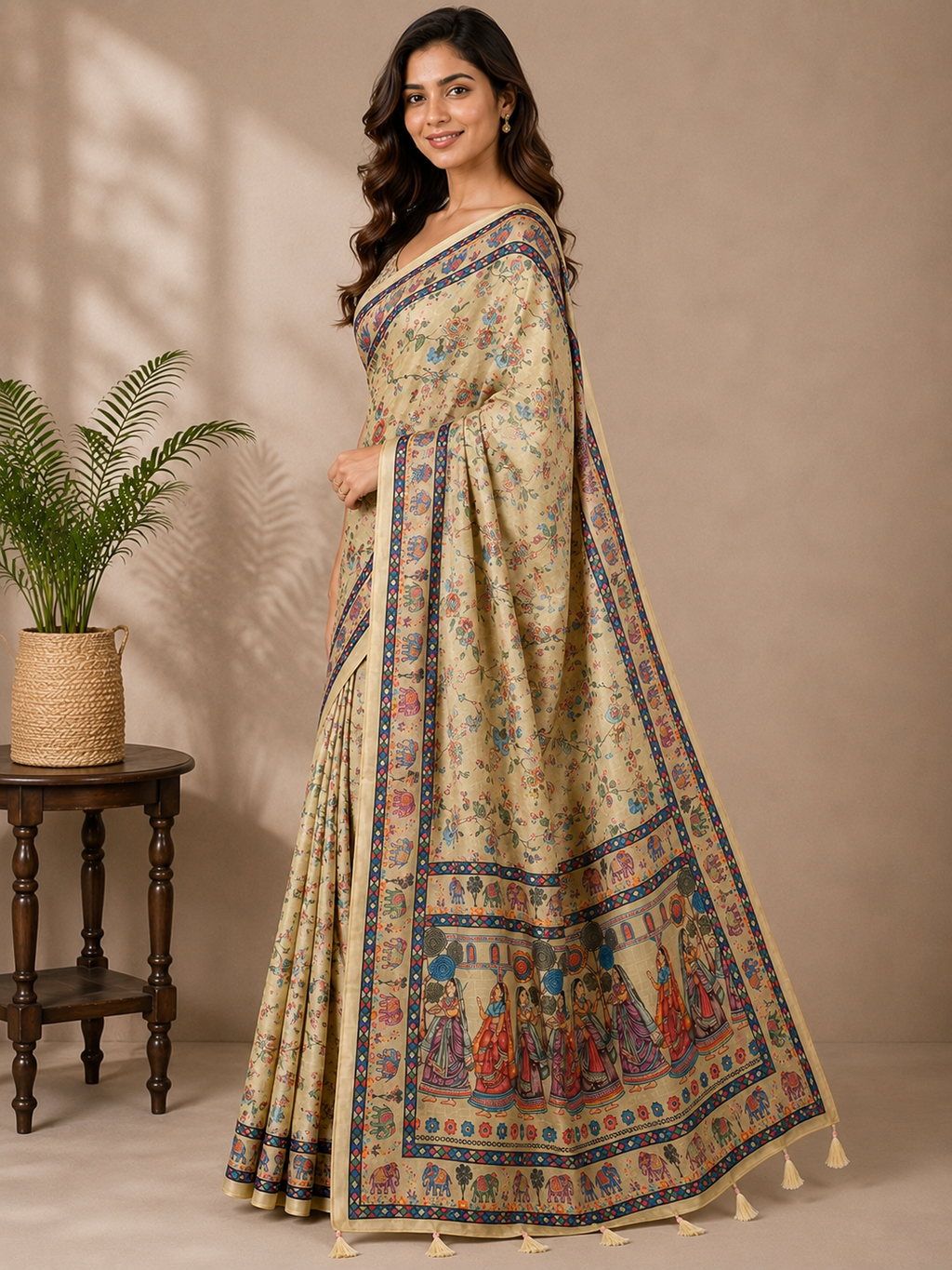 Cream Printed Linen Blend Saree for Women | Traditional Ethnic Saree