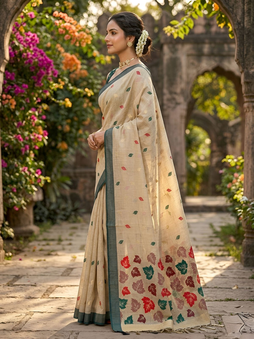 Elegant Beige Cotton Saree with Multicolor Leaf Motif Pallu & Green Border