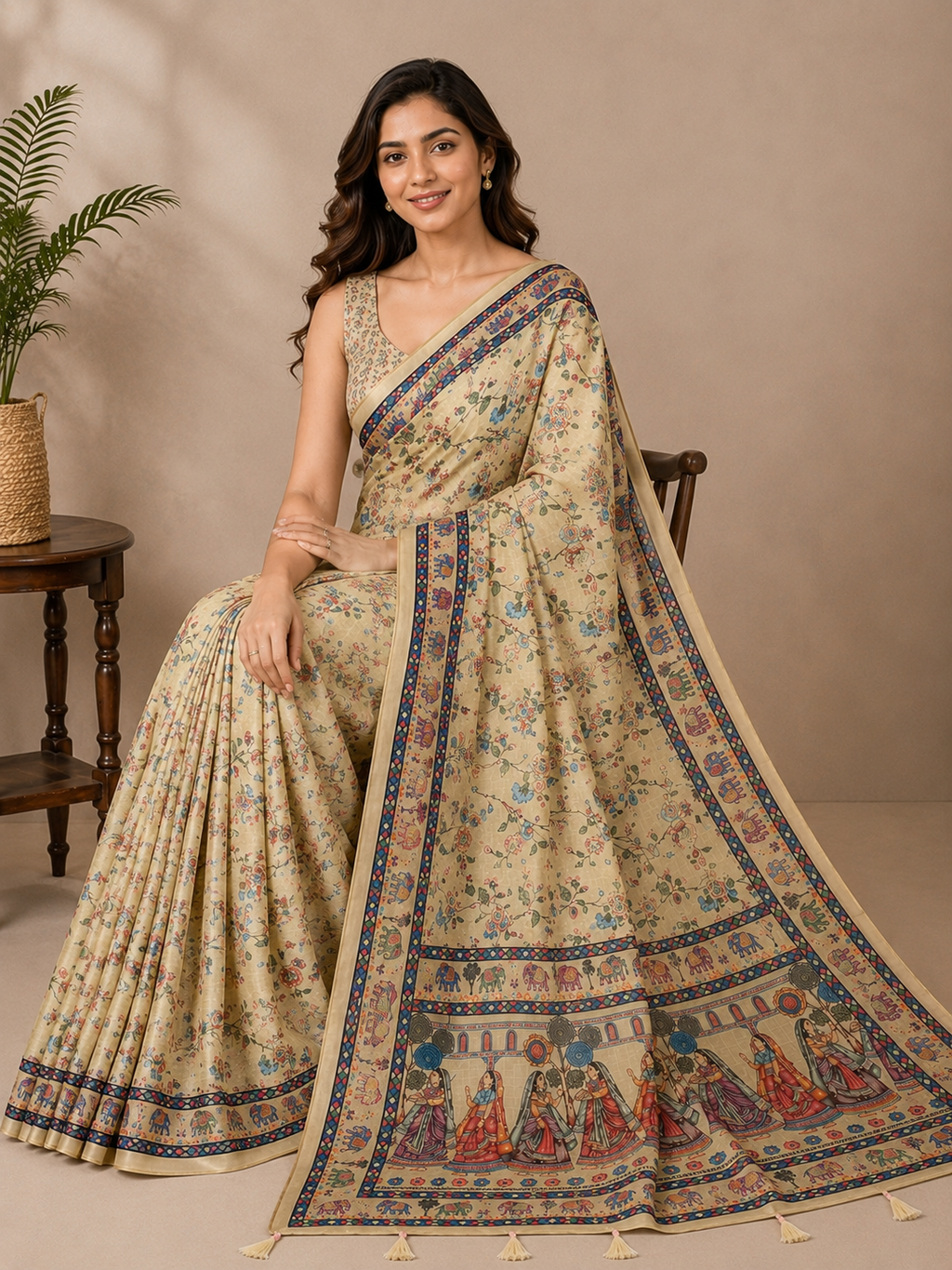 Cream Printed Linen Blend Saree for Women | Traditional Ethnic Saree