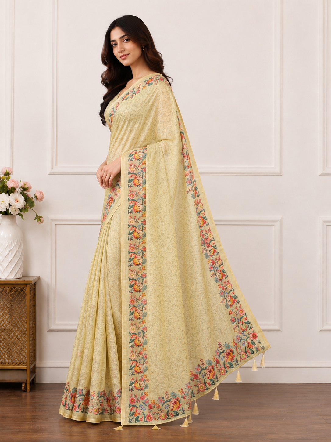 Cream Floral Border Linen Blend Saree for Women | Elegant Traditional Saree