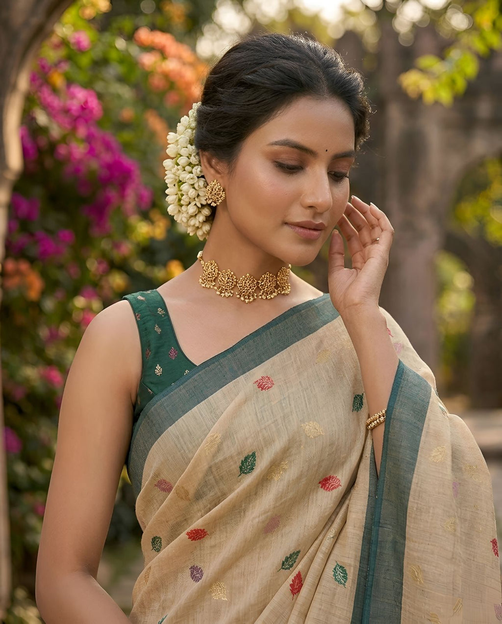 Elegant Beige Cotton Saree with Multicolor Leaf Motif Pallu & Green Border
