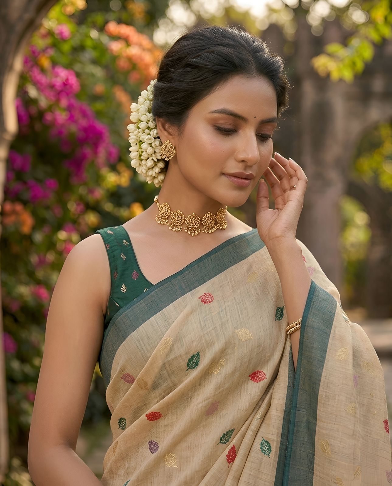 Elegant Beige Cotton Saree with Multicolor Leaf Motif Pallu & Green Border