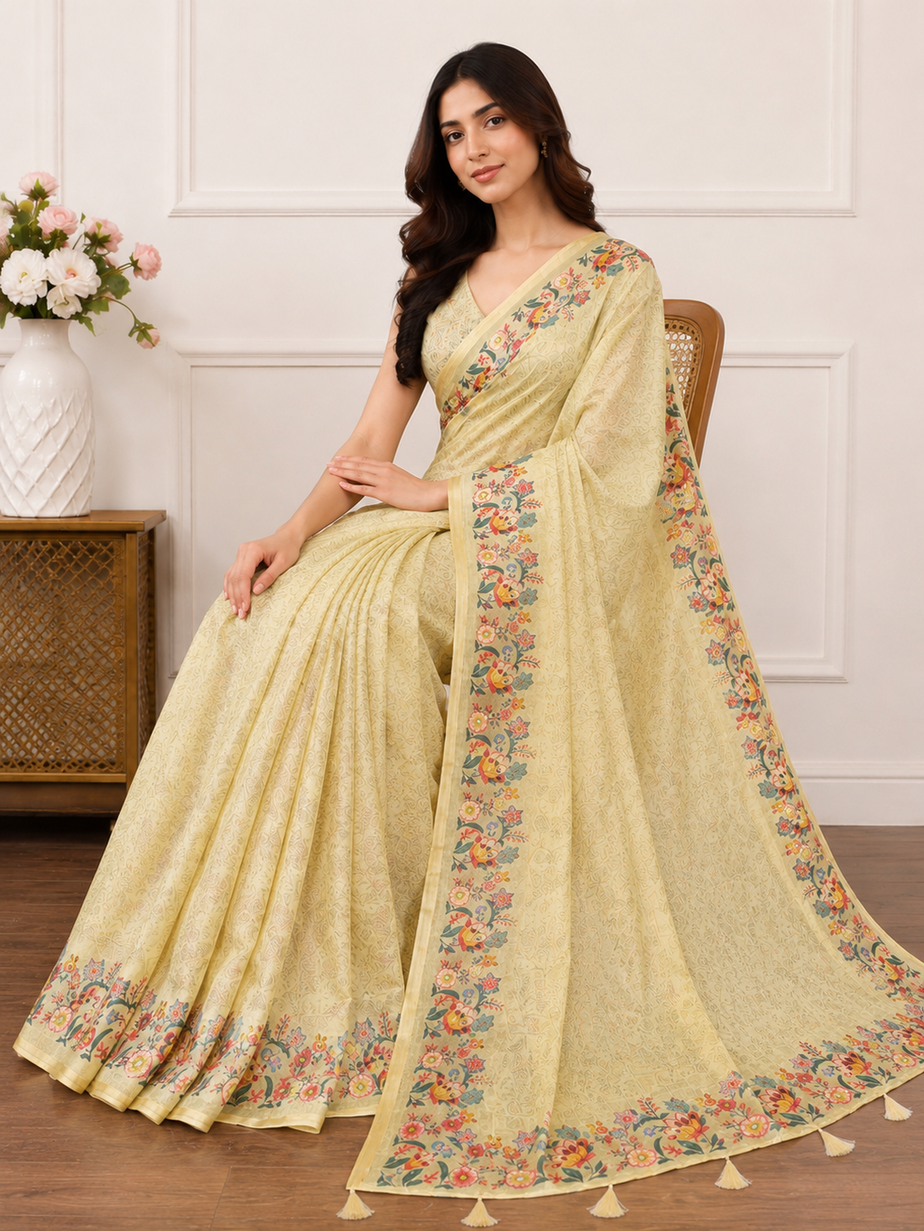 Cream Floral Border Linen Blend Saree for Women | Elegant Traditional Saree