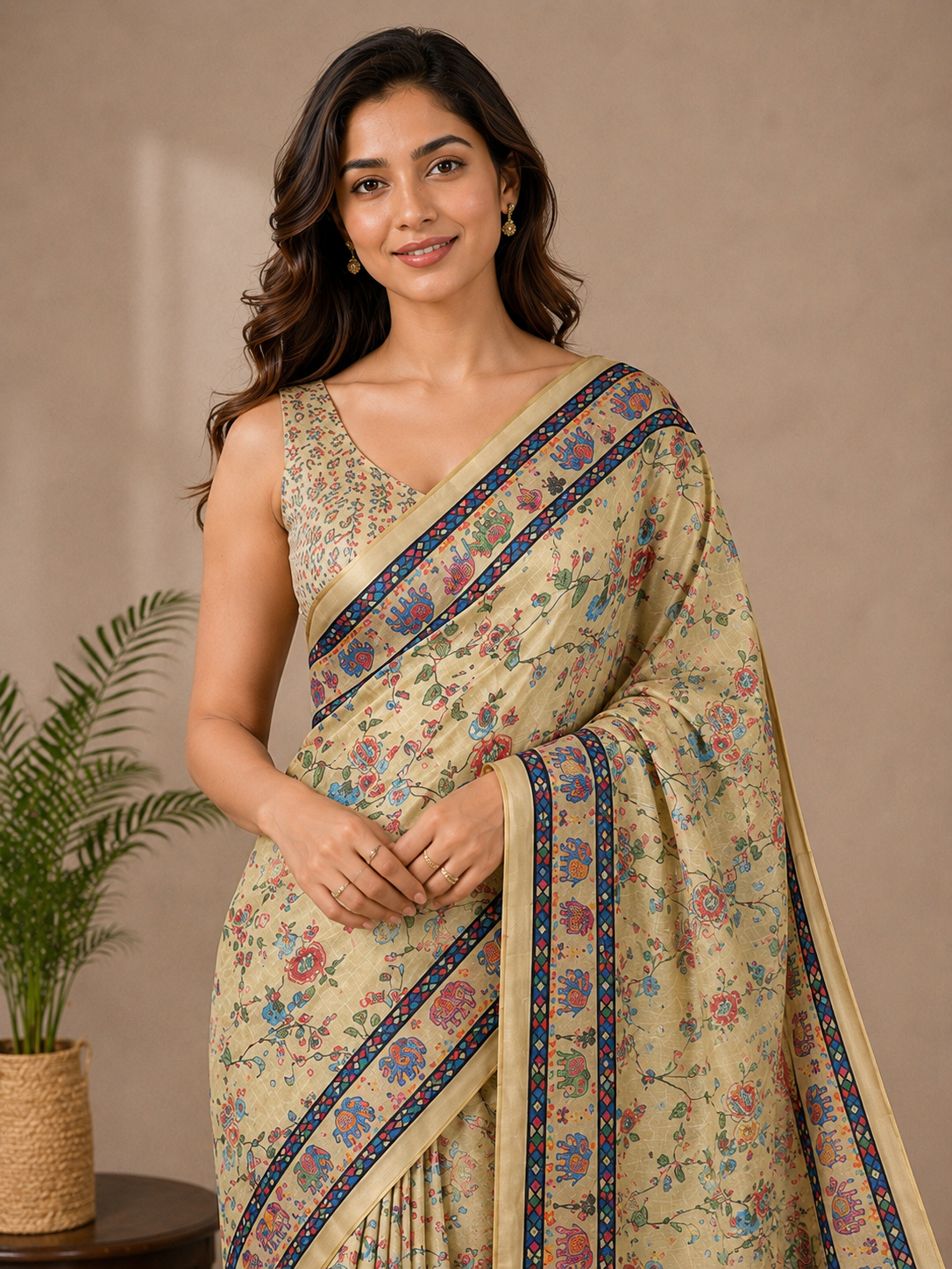 Cream Printed Linen Blend Saree for Women | Traditional Ethnic Saree